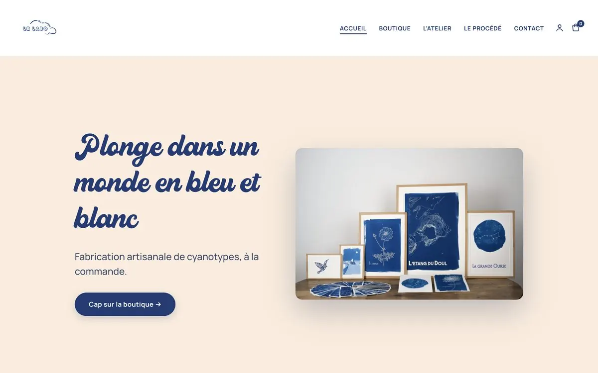 Site internet du Labo sur les Nuages, créatrice de cyanotypes, réalisé par Stars Prod
