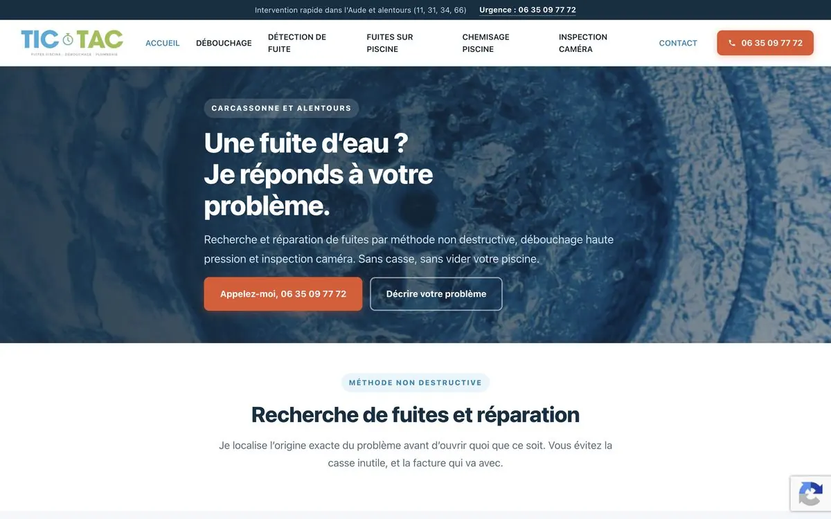 Site internet de Tic et Tac Plomberie, artisan plombier à Carcassonne, réalisé par Stars Prod